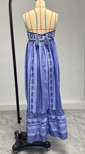 Detail of bohemian maxi dress showing braided straps and tassel fringe on the back