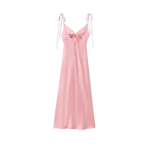 Women Sexy Pink Satin Spaghetti Strap Cut Out Maxi Dress Backless Bow Tie Elegant Party Evening Bodycon Slit Summer Dress