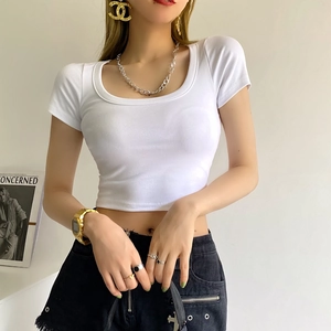 Slim fit white ribbed crop top short sleeve knit t-shirt for women in summer style