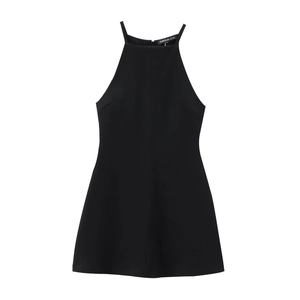 Women's sleeveless halter neck A-line dress in black fabric with sleek summer silhouette