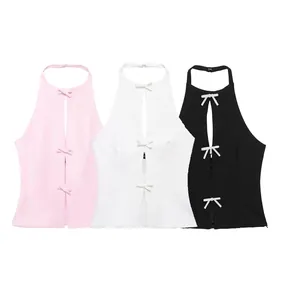 Women Halter Neck Sleeveless Keyhole Cutout Slim Fit Bow Decoration Sexy Party Clubwear Trendy Summer Camisole Vest Top