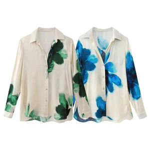 Women summer long sleeve floral print chiffon shirt and straight pants set with airy fabric