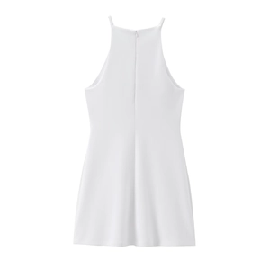 Detailed back view of white halter neck mini dress featuring a concealed zipper closure