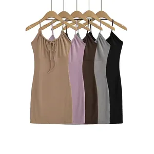 Abito Mini Aderente da Donna Scollo all'Americana con Coulisse Increspata Misto Cotone Maglia a Costine Senza Maniche Sexy