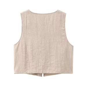 Back view of apricot sleeveless vest with pleated texture and round neckline