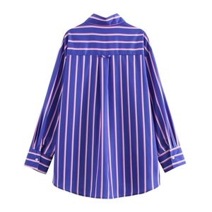 Back view of vertical striped long sleeve shirt with box pleat detail and blue-pink design