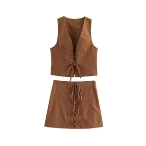 Ensemble Haut Gilet et Jupe Trapèze en Coton et Lin pour Femmes Couleur Unie Coupe Ajustée Sans Manches Tenue Mode d'été pour Voyage