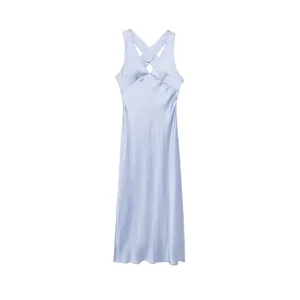 Elegant Light Blue Satin Midi Dress For Women Sexy Criss Cross Backless Sleeveless V Neck Solid Color Evening Party Summer Dress