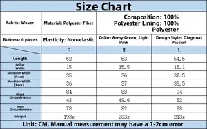 Detailed size chart for asymmetric vest with 100% polyester fabric data and measurements