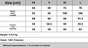 Detailed size chart for high waist wide leg pants with material specifications in cm