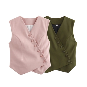 Detail view of V-neck sleeveless vests with unique asymmetrical button closures