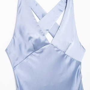 Light blue satin midi dress for women featuring a cross V-neck and silky texture finish