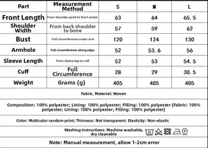 Tableau des tailles détaillé pour veste imprimée femme incluant les mesures du S au L