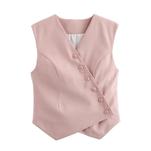 Women's asymmetrical dusty rose V-neck vest with stylish button-down closure