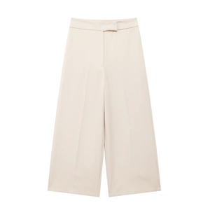 Women's minimalist high-waisted wide-leg trousers in elegant beige business style