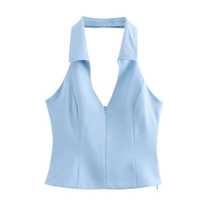 Top azzurro da donna con scollo all'americana e profondo scollo a V e zip anteriore