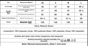 Tableau des tailles pour haut marron femme avec dimensions XS à L et tissu 100% polyester
