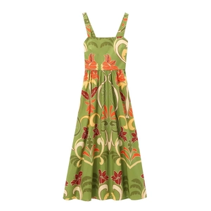 Robe midi d'été sans manches verte à imprimé floral vintage et coupe trapèze taille haute
