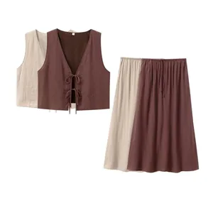 Women Casual Cotton Linen Textured Vest And Midi Skirt Matching Top And Bottom Tie Front V Neck Sleeveless Top Long Skirts