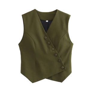 Women's dark green asymmetrical V-neck vest with six buttons and structured fit