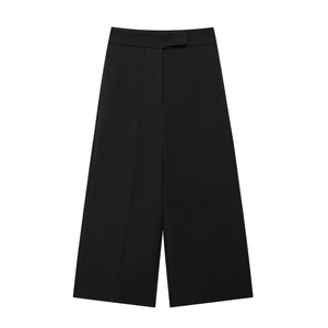 Women's high waist wide leg trousers in black with a structured A-line silhouette