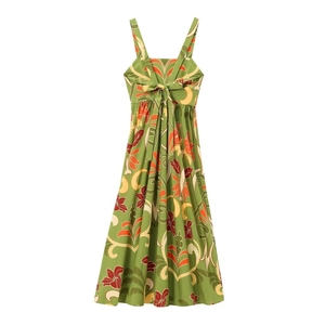 Robe midi d'été pour femmes en vert avec imprimé floral tropical et nœud au dos