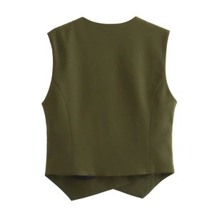 Back view of army green asymmetrical suit vest featuring a sharp sleeveless tailored cut
