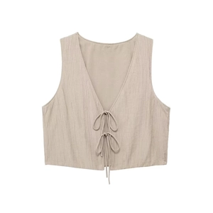 Women's summer two-piece textured vest and skirt set in beige with dual tie closure