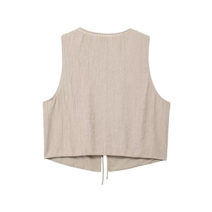 Women's summer two-piece set featuring a beige textured sleeveless top with back tie detail