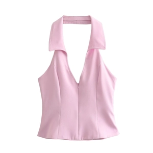 Top estivo rosa allacciato al collo con scollo a V profondo e cerniera frontale