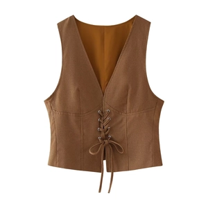 Gilet pour femme en daim marron avec col en V et laçage frontal au style bohème