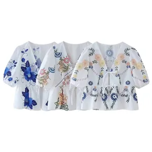 Women Fashion V Neck Short Sleeve Floral Print Tie Up Blouse Summer Streetwear Peplum Puff Sleeve Woven Polyester Top
