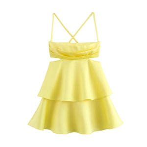 Yellow silk-feel mini dress with cut-out waist and tiered ruffle hem for summer fashion