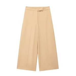 Chic beige high-waisted wide leg trousers with front pleats and draped fabric