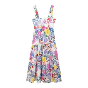 Abito estivo floreale da donna con scollo quadrato e gonna a balze multicolore