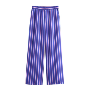Women's summer vertical stripe wide-leg pants with elastic waist in dark blue and pink