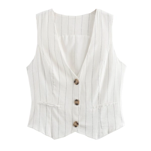 Gilet estivo da donna bianco gessato con profondo scollo a V e chiusura a tre bottoni