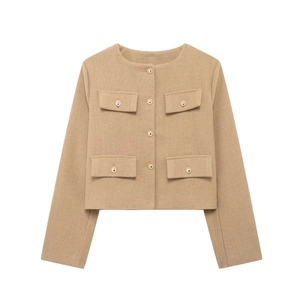 Veste courte en tweed pour femme kaki avec boutons dorés et quatre poches à rabat