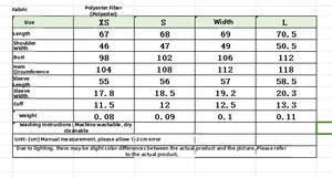 Size chart for metallic stripe long sleeve shirt detailing XS to L dimensions and fabric