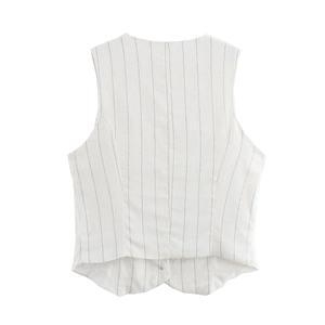 Vista posteriore di un gilet chic a righe in cotone e lino per moda donna estate