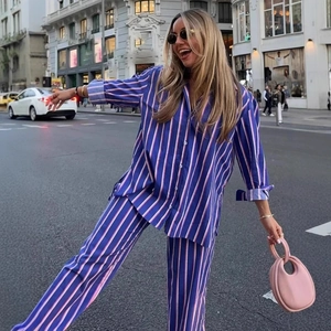 Women Striped Casual Long Sleeve Turn Down Collar Button Up Shirt And Straight Wide Leg Pants Elegant Streetwear Outfit