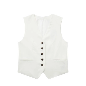 Women's V-neck white linen blend vest with dark brown buttons in a tailored fit