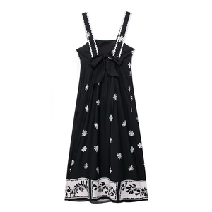 Robe midi d'été noire pour femme avec imprimé fleuri blanc et grand nœud dans le dos