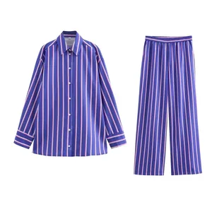 Women's summer vertical striped long sleeve shirt and straight pants two-piece set
