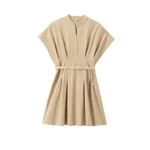 Elegantes Khaki Falten A-Linien-Kleid Sommer V-Ausschnitt Kurzarm Mini-Kleid Mit Gürtel Hohe Taille Damen Bekleidung