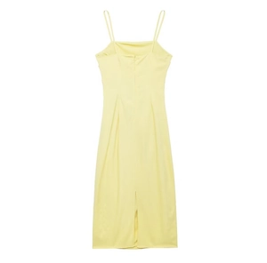 Detail view of a pale yellow summer dress featuring thin straps and invisible back zipper