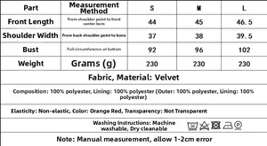 Detailed size chart for velvet sequin vest showing length and bust measurements