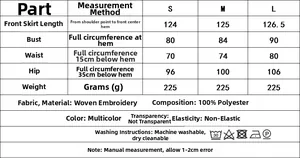 Size chart for summer embroidered dress detailing S to L dimensions in polyester