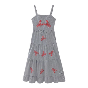 Women's summer tiered midi dress with blue white stripes and red lobster embroidery