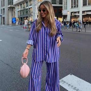 Women's summer striped loose shirt and wide-leg trousers two-piece set in royal blue